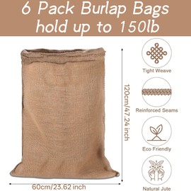 Kmise Premium Tightly Woven Burlap Potato Sack Race Bags (Pack of 6)，48"x25" Natural Jute Burlap Sacks for Kids & Adults, Reusable Eco-Friendly Grow Bag for Field Day Games & Harvest Storage