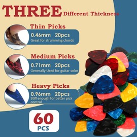 60Pack Guitar Picks With Organizer Box: Variety Colorful Guitar Pick - Thin, Medium & Heavy 3 Different Thickness for Acoustic Guitar, Metallica Guitar, Electric Guitar, Ukulele Bass