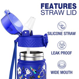 GOPPUS 550ml/18oz Kids Insulated Water Bottle with Straw Cute Double Wall Stainless Steel Child's Small Flask Vacuum Insulated Steel Metal Leak Proof Drink Flask Boys Toddler Girls Flask BPA-Free