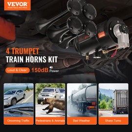 VEVOR 4 Trumpet Air Horn Kit, 150dB Train Horns for Pickup Trucks, 12V 120 psi Air Compressor 0.8 Gal/3 L Tank with Gauge for Any 12V Vehicle Car Truck Train Van Boat