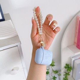 GARTOO Flower Engraved Case for Airpods 2nd Generation Case Cover with Cleaner Kit, Stylish Silicone Skin Protective Case with Luxury Pearl Keychain for Airpods 1st/2nd Gen Charging Case Sky Blue