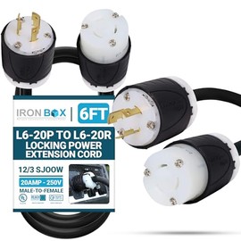 IronBox Electric NEMA L6-20P to L6-20R Locking Power Extension Cord - 20A/250V, 12/3 SJOOW - UL Listed Power Cable Plug Adapter - Heavy Duty Extension Cord for Generator, Outdoor & More (6ft, Build)