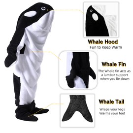 Thigies Whale Blanket Hoodie, Wearable Blanket Whale Tail Hoodie Onesie,Cosy Fluffy Fleece Sleeping Bag, Onesie Whale Costume for Adult Women Men