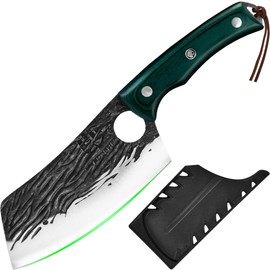 FULLHI Butcher Knife with Sheath, Multi-color Handle Full Tang Serbian Chef Knife, High Carbon Steel Meat Cleaver Vegetable Forged Kitchen Knife for Outdoor, Camping (Green, Asian Chef Knife)