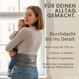 YUNA Care Hot Water Bottle Belt - 175cm Cotton Heat Belt for Hot Water Bottle, Grain Pillow, Cherry Stone Pillow - Ideal for Period, Back, Stomach Pain (Grey)