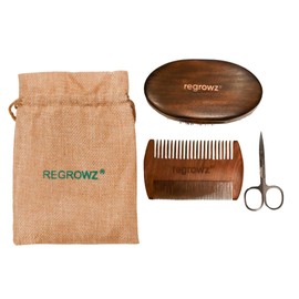 Regrowz Beard Grooming Kit - Beard Brush for Men with Wooden Boar Bristle Brush, Scissors & Anti Static Beard Comb - Travel Beard Care & Moustache Set for Men’s Grooming
