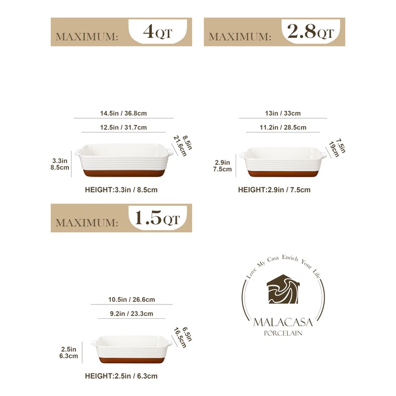MALACASA Casserole Dishes for Oven, Ceramic Baking Dishes Set of