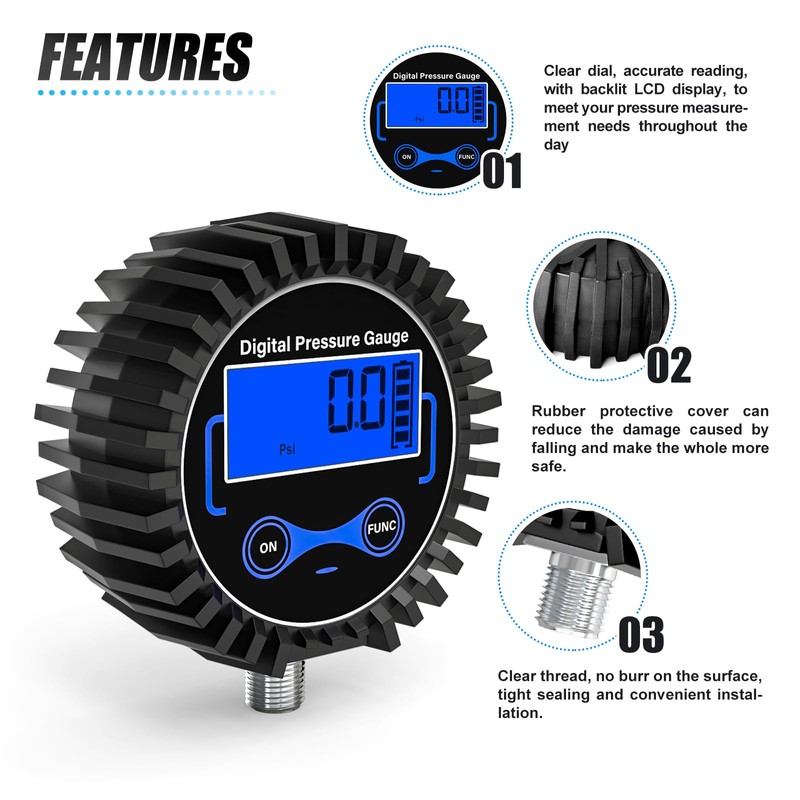 MEANLIN MEASURE 0-300PSI Digital Pressure Gauge with Rubber Cover, Lower