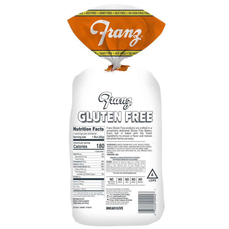 Franz Bakery Gluten Free Hamburger and Hot Dog Bun -