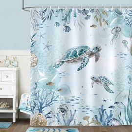 Bonhause Shower Curtain Sea Turtle Blue Ocean Beach Coast Shower Curtains 180 x 200 cm Anti-Mould Waterproof Polyester Fabric Washable Bathroom Curtain for Bathroom with 12 Hooks