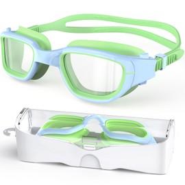Zeligerstar Kids Swim Goggles,Swimming Goggles for Kids 6-14, Anti-Fog UV Protection Pool Goggles for Boys Girls (Light Blue/Grass Green+Clear Lens)