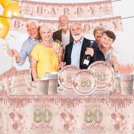 Rose Gold Birthday Party Decorations Tableware,142pcs Rose Gold Birthday Decorations for Girls Plates and Napkins Tablecloth (80th)