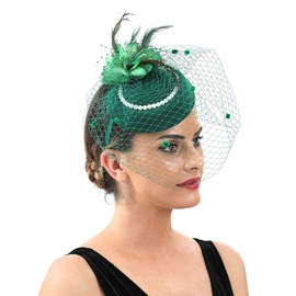 Women's Vintage Kentucky Feather Fascinator Hat 1920s Retro Style Elegant Pillbox Headpiece with Mesh Veil for Women Tea Party Weddings Derby Day Cocktail Church Events(Green)