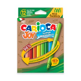 CARIOCA Joy Eco Marker, Box of 12 Super Washable Felt Tip Pens Made of 98% Regenerated Plastic, Assorted Colours, Tip Diameter 2.8 mm, Pack of 12