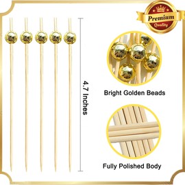 Cocktail Picks,Toothpicks for Appetizers,100 PCS 4.7 Inch Gold Pearl Cocktail Picks for Party Decorations, Decorative Food Picks Fancy Toothpicks for Appetizers, Appetizer Skewers for Charcuterie