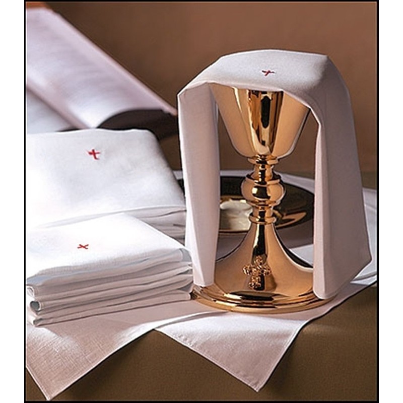 Linen Purificator with Red Embroidered Cross Center, 18 Inch