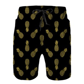 AIRMARK Mens Swim Trunks,Gold Pineapples on Black Background Bathing Suits Quick Dry Summer Board Beach Shorts with Mesh Lining and Pockets M