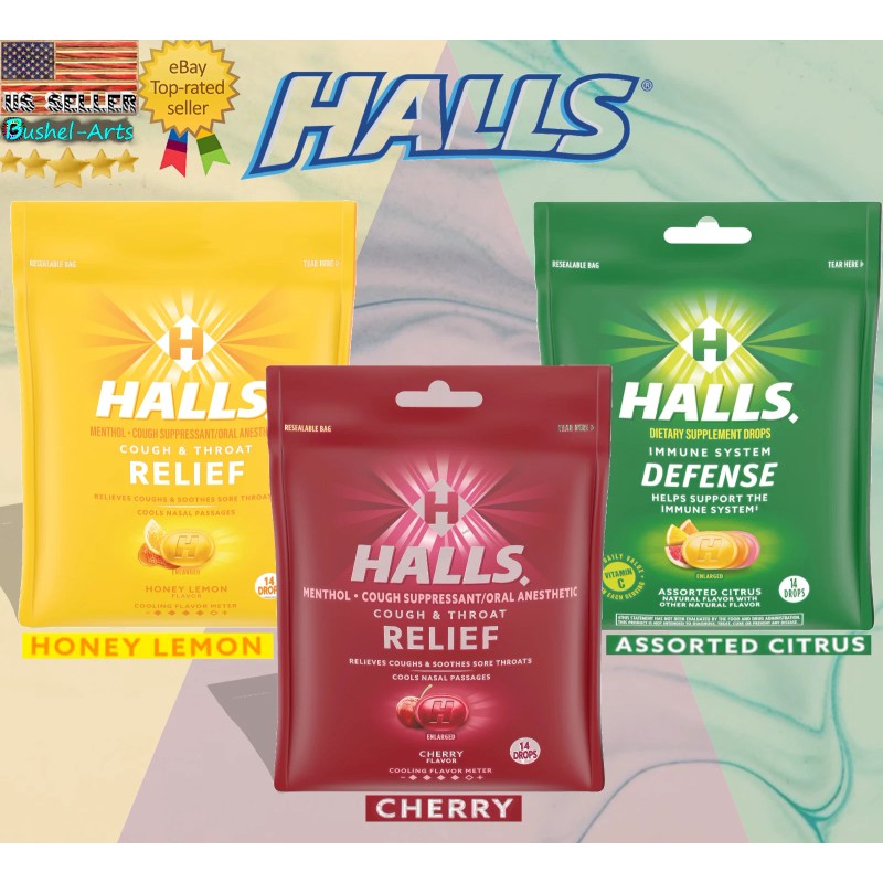 HALLS ~14 Cough Drops ~Cherry, Honey Lemon, or Citrus ~Menthol