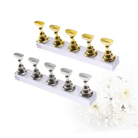 FRCOLOR 2pcs Acrylic Nail Practice Display Holder with Chessboard Design Golden Silver Nail Tips Stand for Salon and Home Use