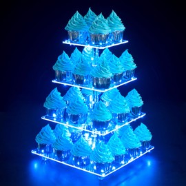 OLACHIKKO Cupcake Stand, 4-Tier Square Cupcake Holder with LED light String, Acrylic Cupcake Tower Display-Dessert Tower-Pastry Stand-Cupcake Tier Stand for Wedding, Birthday party ( Blue Light)