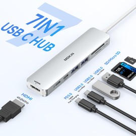 USB C Hub HDMI Adapter for MacBook Pro/Air, MOKiN 7 IN 1 USB C Dongle Mac Adapter with HDMI, USB C Data Port,100W PD,SD/TF and 2 USB 3.0 for Dell/Lenovo/Thinkpad(Sliver)