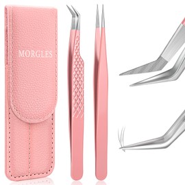 MORGLES Lash Tweezers Fiber Tip, 2 Pcs Curved and Volume Eyelash Tweezers for Lash Extensions with Bag