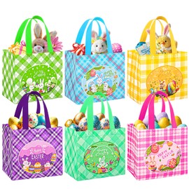 DECHISY 6 Pack Easter Bags with Handle, 8.3×7.9×6inch Non-Wovem Large Easter Gift Bags，6 Styles Reusable Egg Hunt Baskets for Kids, Party Supplies