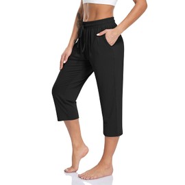 TARSE Womens Yoga Pants Plus Size Capris Stretch Workout Exercise Sweatpants Loose Sweat Crop Pants Pockets (Black,4XL), Soft