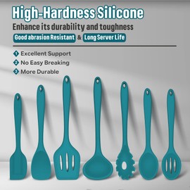 Silicone Cooking Utensils Set, E-far 7-Piece Blue Heat Resistant Kitchen Utensils Set, Kitchen Nonstick Tools Spatula Ladle Spoon Pasta Server for Non-stick Cookware, Non-Toxic & Dishwasher safe