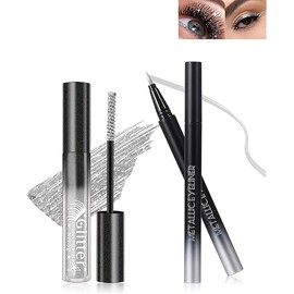 Glitter Mascara and Eyeliner Set,5D Silk Fiber Lash Extension Colored Tube Mascara Volume and Length,Waterproof Glitter Eyeliner Liquid,Long Lasting Smudge-Proof Eye Makeup Kit-Silver