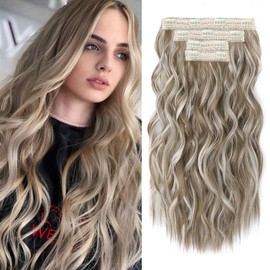 REECHO Clip in Hair Extensions, 4PCS 24" Thick Long Beach Waves hair extensions HE003 Invisible Lace Weft Natural Soft Hairpieces for Women – Ash Brown with Platinum Highlights