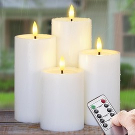 Yeelida Outdoor 4pcs Flameless Waterproof Candles with Handy Remote Control, Cycle Timer Battery Operated Candle Grease Effect LED Flickering Pillar Plastic Long Lasting (White, 3" x4" 5" 6" 7")
