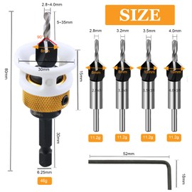 6 tlg Kegelsenker-Bohrer-Set, Bohrsenker mit Einstellbarem Tiefenanschlag, Senkbohrer für Holz mit 1/4" Hex Schaft, aus HSS-M2, Inkl. Sechskantschlüssel für Holzbearbeitung
