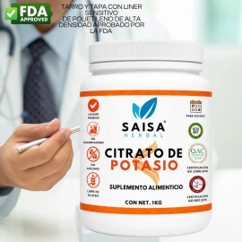 Citrato De Potasio Puro Con 1 kg en polvo  Suplemento Alimenticio  Alta Biodisponibilidad  Sin Sabor Saisa Herbal  Ayuda A Prevenir Cálculos Renales, 