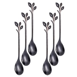 Turbokey Black Leaf Coffee Spoon Set of 6,Ice-Cream Tea Stirring Spoons 4.7 Inches Retro Dessert Demitasse Espresso Spoons Cutlery Kitchen Tableware (6 Spoons-Black)