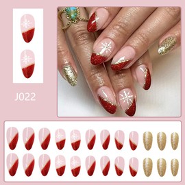 Christmas Press on Nails Medium Almond Gold Red French Tip With Design Glitter Artificial Medium Length Acrylic Glue on Xmas Snowflake Stick on for Women 24Pcs