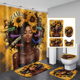 4 Pcs Sunflower Black Girl Shower Curtain Sets, Inspirational Words African Queen Bathroom Sets with Shower Curtain and Rugs Toilet Lid Cover Bath Mat, Soft Fabric Shower Curtains with Hooks