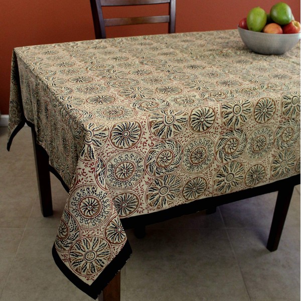 India Arts Cotton Floral Vegetable Dye Hand Block Print Tablecloth for Rectangular Tables (Beige Tan, 60 x 90 inches Rectangular)