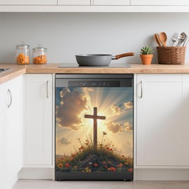 Dishwasher Cover,Wooden Cross Reusable Dishwasher Magnet Cover,Decorative Easter Wildflowers Magnetic Refrigerator Cover Front Panel Cover for Kitchen Decor 23x26 Inch