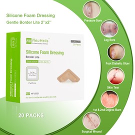 NeuHeils Silicone Foam Dressing Gentle Border Lite 2''x2'', Pad Size 1''x1'', 20 Pack for Small Bed Sore Pressure Ulcer Wound Bandages Patches