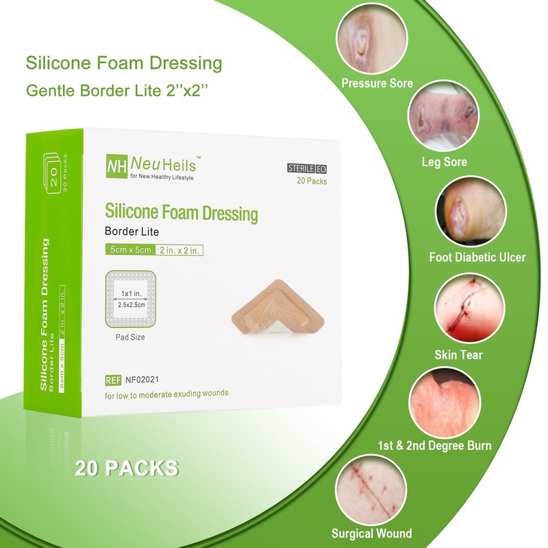 NeuHeils Silicone Foam Dressing Gentle Border Lite 2''x2'', Pad Size