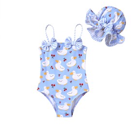 YOUNGER TREE Toddler Baby Girl Swimsuit Infant One Piece Bathing Suits with Hat Newborn Summer Beach Swimwear(0-3 Months,Blue Duck)