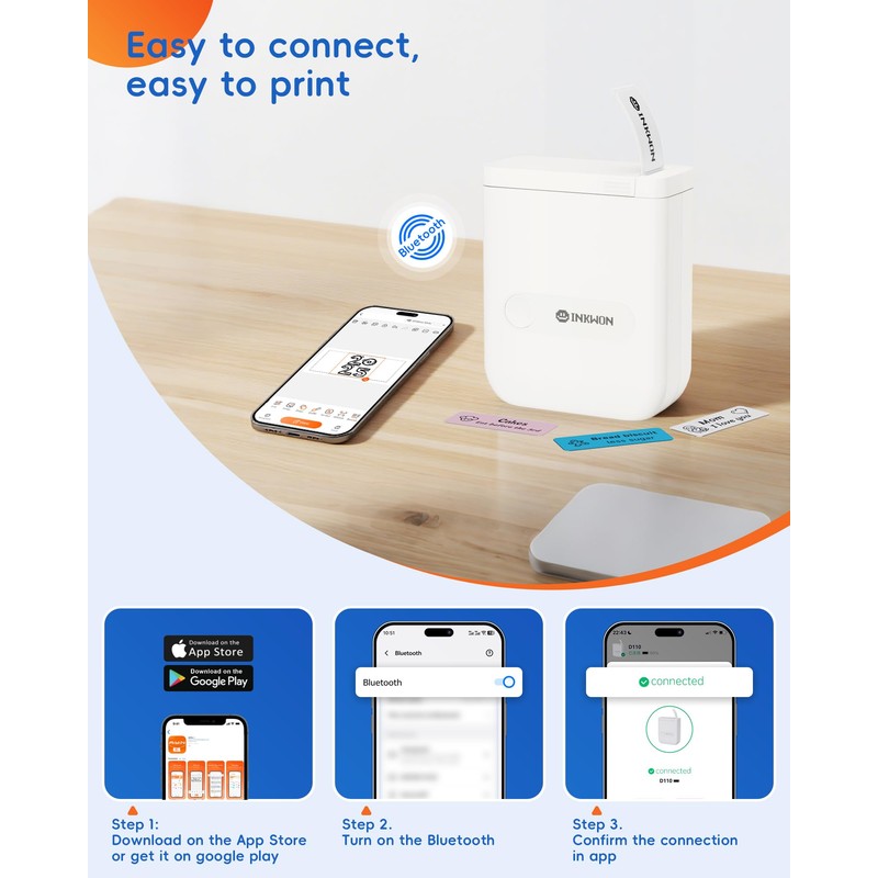InkWon D110 Mini Label Maker Machine with Tape, Bluetooth Label