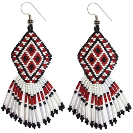 BeadsCorner Southwestern Geometric Beaded Dangle Earrings, Black Maroon, 3.5 in, Nickel Free