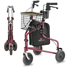 Nova Joy Traveler Folding 3 Wheel Walker with Tray, Basket and Pouch - Lightweight Mobility Aid for Seniors - 8 Inch Wheels - Essential for Tight Spaces and Travel - Red