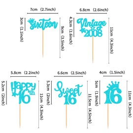 Ercadio - Paquete de 30 adornos para cupcakes con purpurina azul clásico 2008 para cupcakes con texto "Happy 16th 16th Dieciséis Happy Birthday para decoración de pasteles de fiesta de cumpleaños 16
