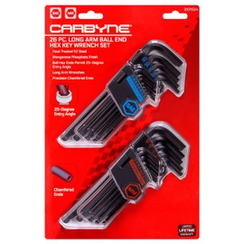 Carbyne 26-Piece Long Arm Ball End Hex (Allen) Key Wrench Set, Inch (SAE) / Metric. Includes 1.27mm-10mm and .05-3/8 Inch Sizes. Heat Treated S2 Steel
