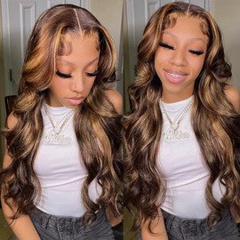 Veally Veally Body Wave Highlight Lace Front Wigs for Black Women 13X4X1 HD Transparent Lace Front Wigs with Pre Plucked Natrural Hairline and Baby Hair for Women (Brown Mix Blonde)