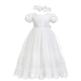 Glamulice Toddler Girl Christening Baptism Floral Embroidered Lace Dresses Baby Girls Baptism Outfits Easter 15-18 White Dress & Handmade Headband 18M