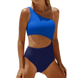 Traje de baño de una pieza para mujer, traje de baño con un hombro recortado, control de abdomen, Azul marino, Small